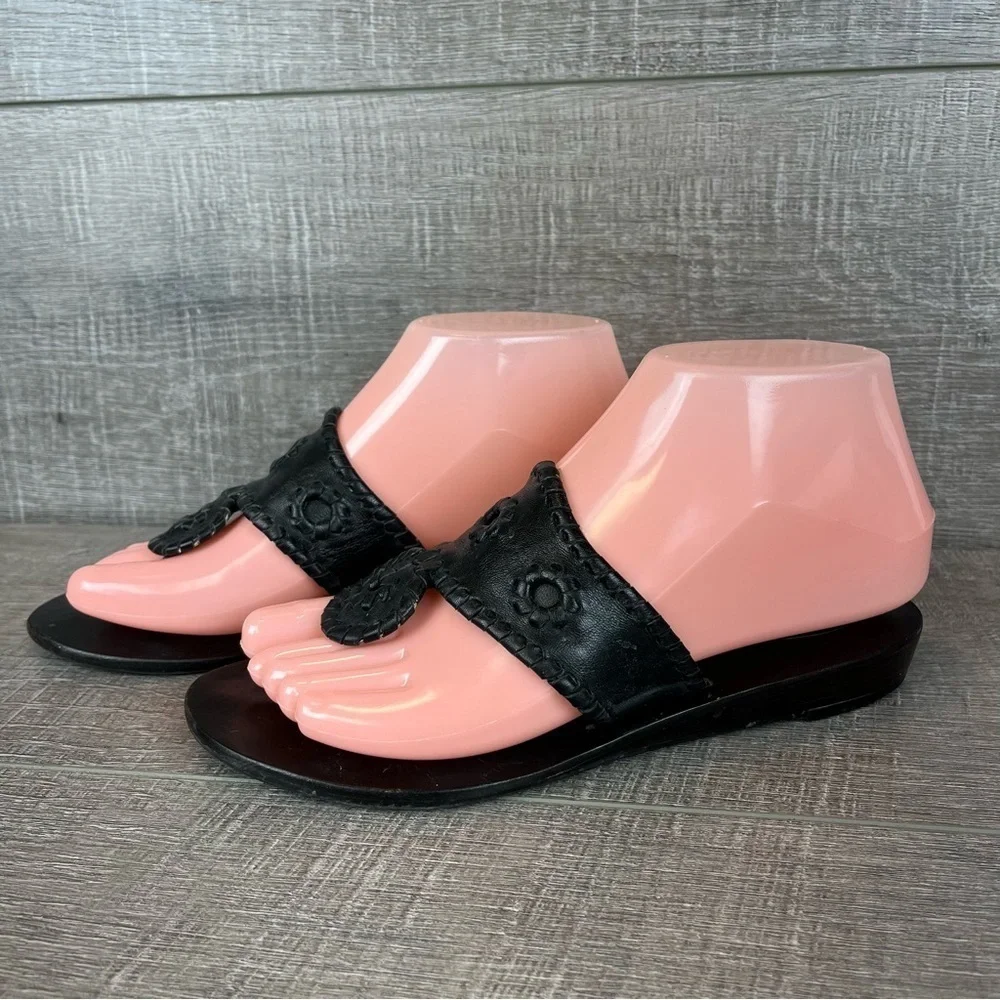 Jack Rogers sz 6 black leather whipstitch wedge flip flop sandals